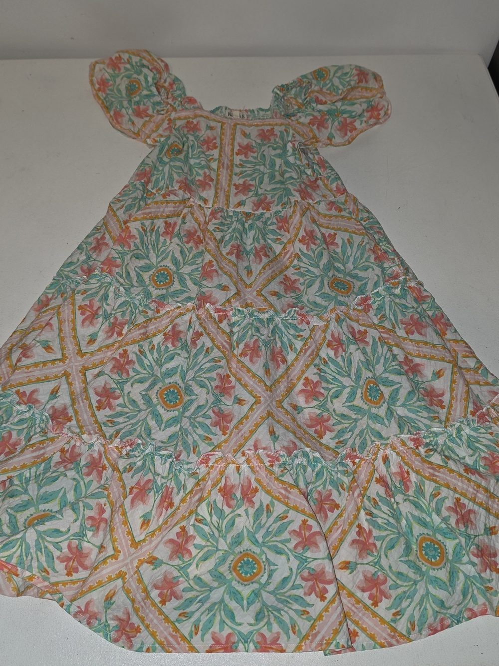 Girls' Floral Puff-Sleeve Casual Dress - Mint Green & Coral